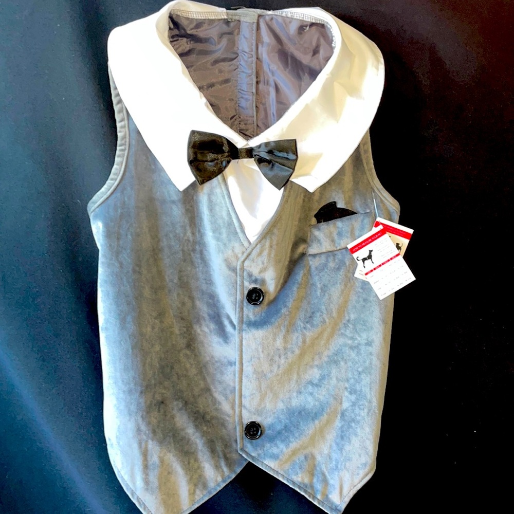 Large cute bow & tie grey suit for a male dog .